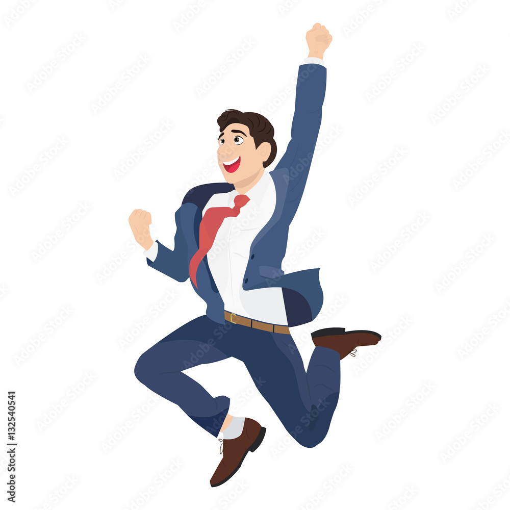 Happy Business men jumping with raised arm. Cartoon Vector Illustration.
