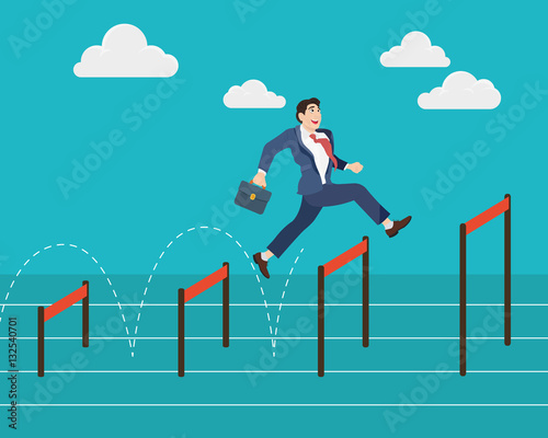 Businessman jumping higher over hurdle. Business concept