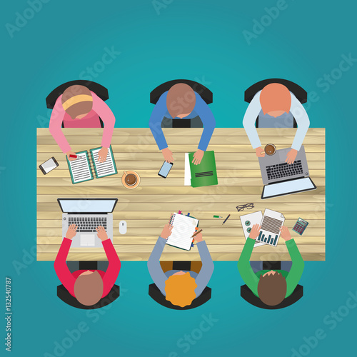 Office table top view business flat web infographic concept vector. Staff around table working tablet laptop.