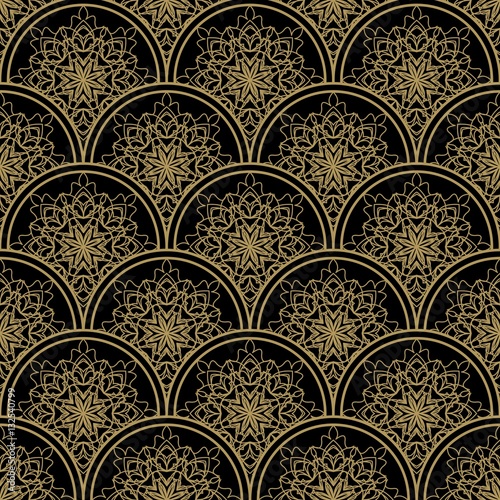 фотографія High contrasting seamless background tile with filigree golden ornament on black canvas