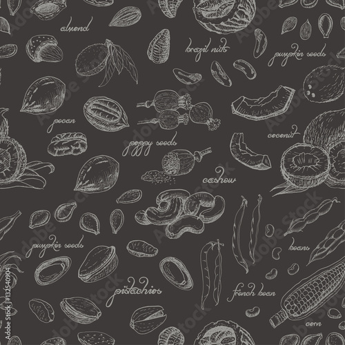 Seamless pattern with nuts on dark background