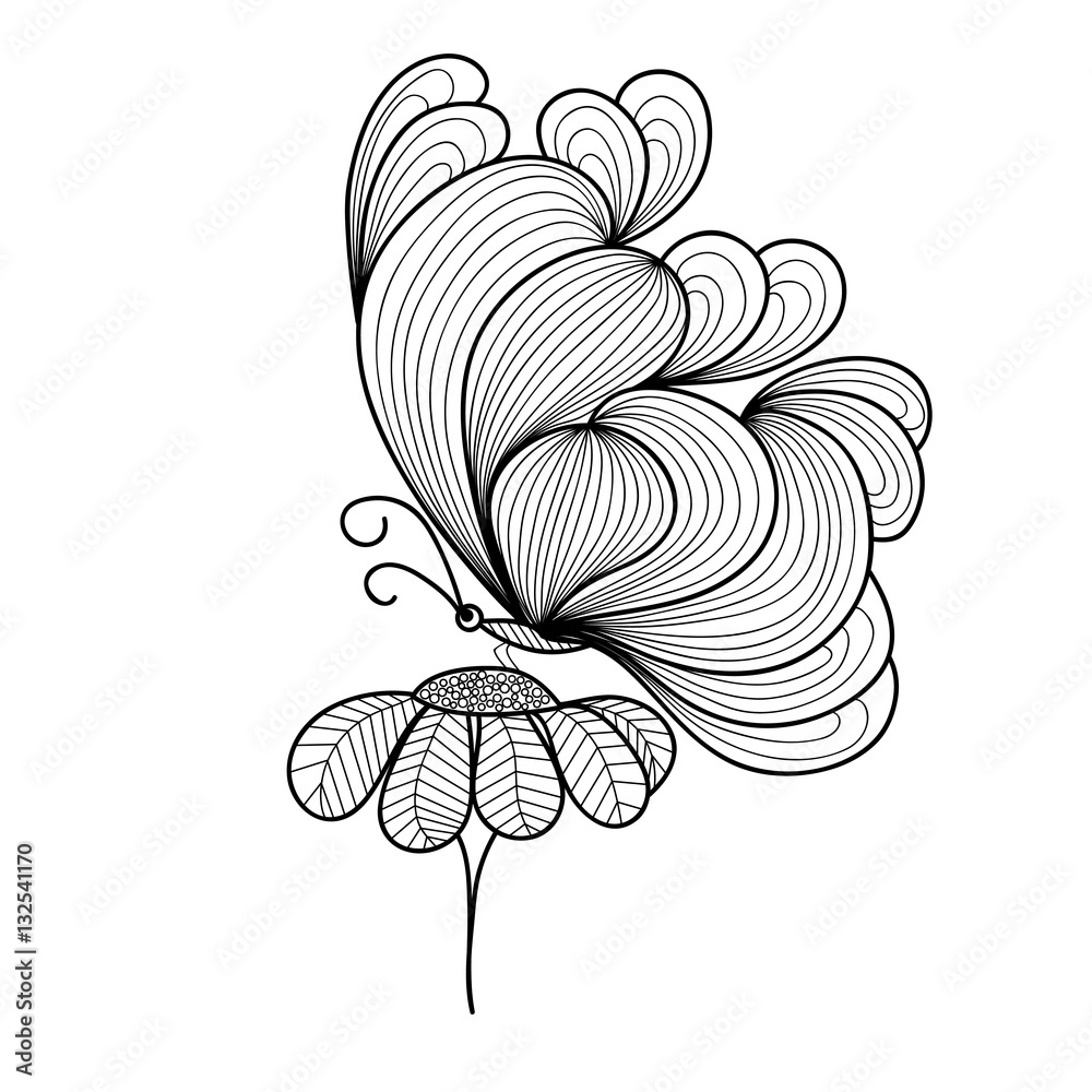 Hand-drawn butterfly sitting on a flower in doodle art style. Black and ...