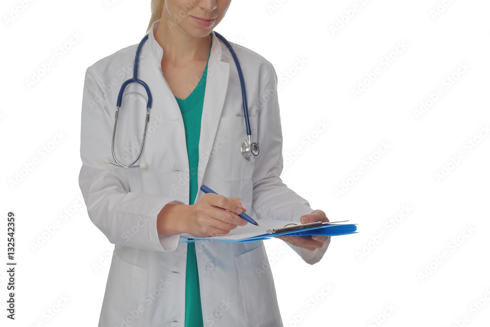 Female doctor with a stethoscope isolated on white background. Health care and medical concept Female doctor with a stethoscope isolated on white background. Health care and medical concept