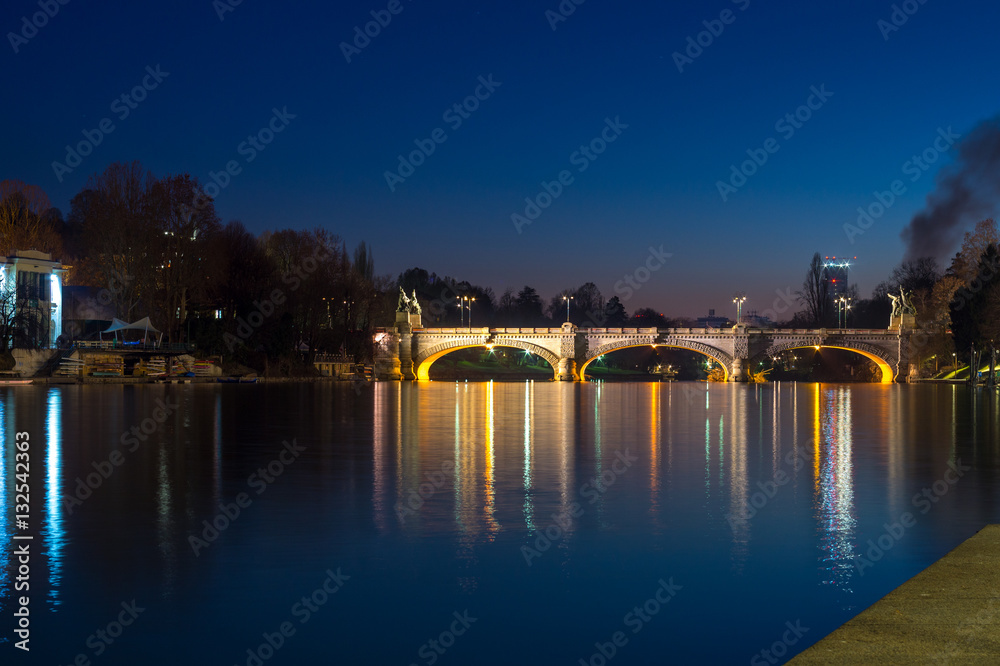 bridge Umberto I, of turin the bridge at night, lighted city of Turin, Po river