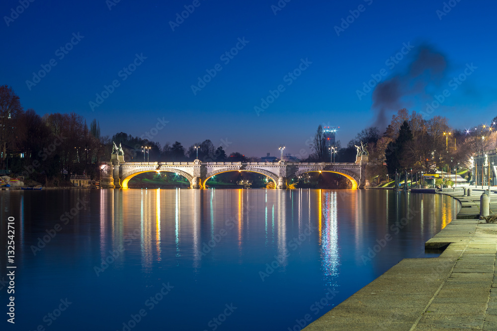 bridge Umberto I, of turin the bridge at night, lighted city of Turin, Po river bridge Umberto I, of turin the bridge at night, lighted city of Turin, Po river