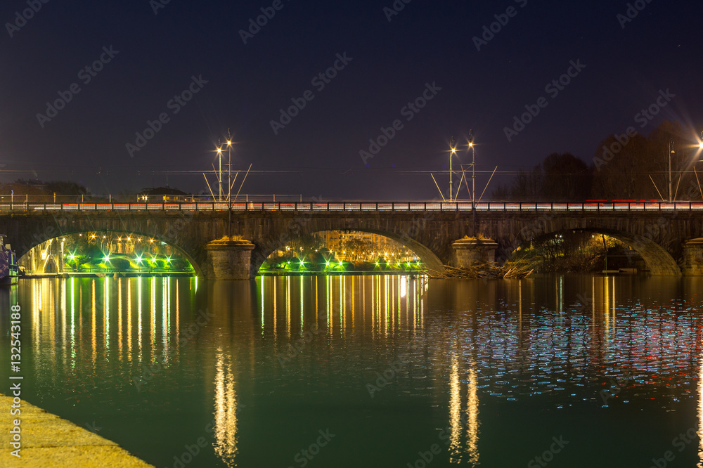 Bridge turin and PO river at night, long exposure