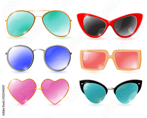 Set of colorful realistic sunglasses on white background