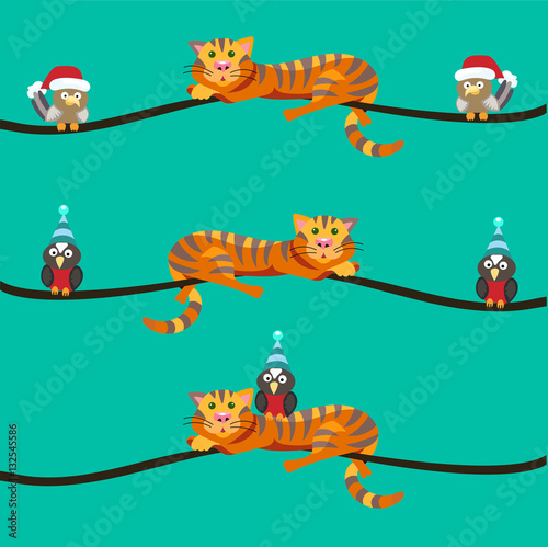 Red cat lays on Christmas tree branch. Nearby sit the birds. Sty