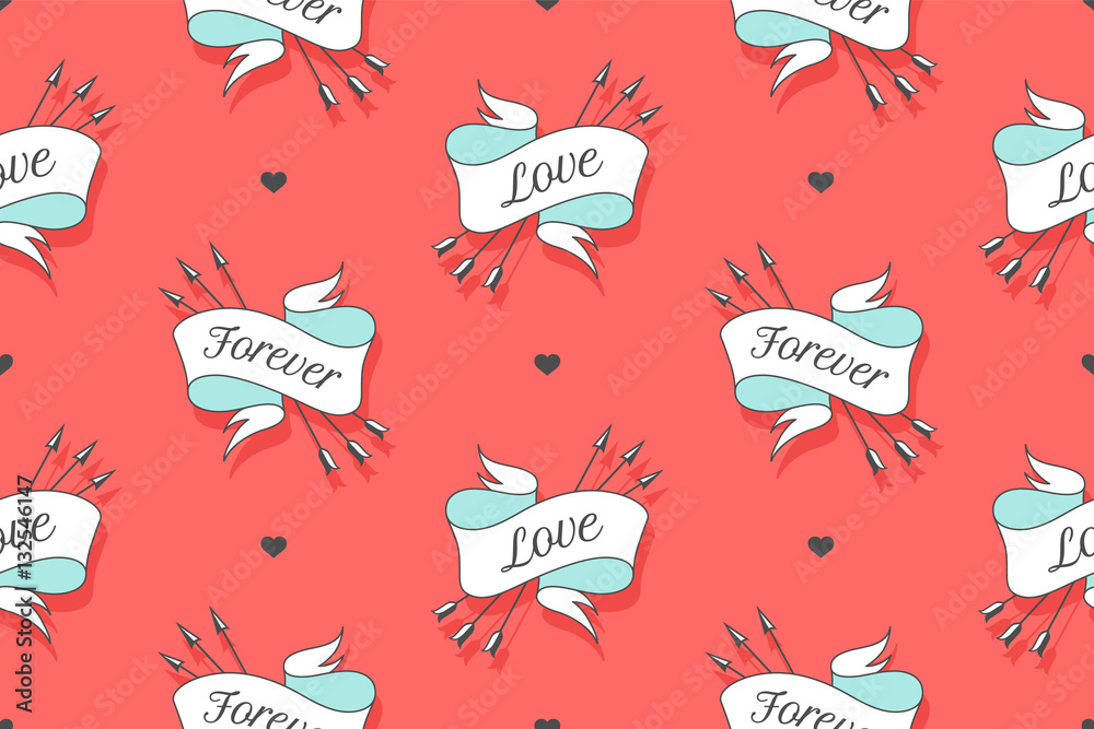 Seamless pattern with words Love and Forever for Valentine Day, Lovers Day or wedding. Hand drawn design in Love theme for wrapping paper, packaging, wallpaper, background. Vector Illustration