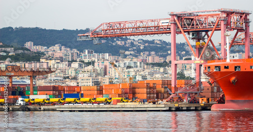  Container Cargo freight ship with working crane bridge in shipyard  Import Export.