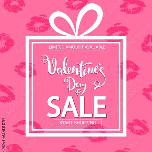 Valentines Day sale. Square banner in form of gift. Lips print on pink background.