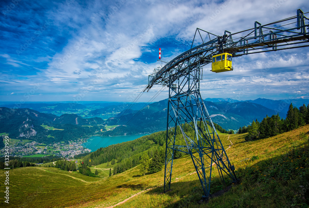 Cable way that goes on to the top of the zwolferhorn mountain near the Wolfgangsee in St Gilgen