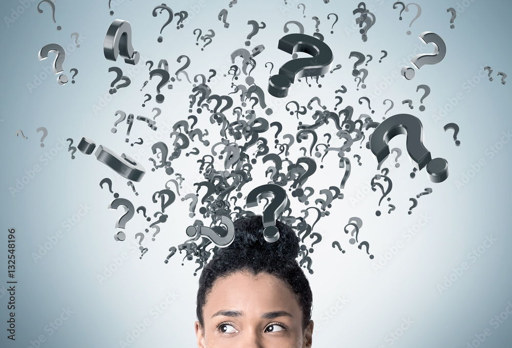 African woman's head and floating question marks Stock Photo | Adobe Stock