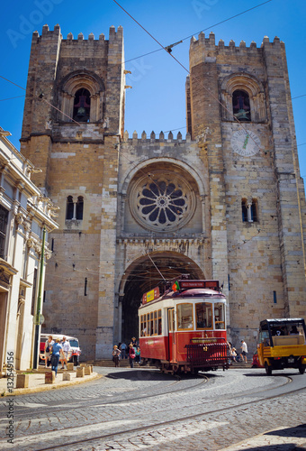 Old tram in front of the Lisbon Cathedral, Portugal
