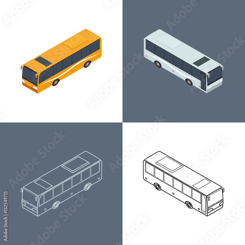vector illustration. Set of icons of the bus. Color, contour, outline, with a door. Isometric, 3D