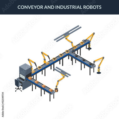 vector illustration. Automatic conveyor line with industrial robots. Packaging line with boxes. isometric. 3D