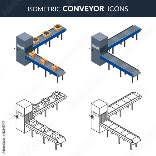 Vector illustration. Set icons of automatic conveyor lines for packing of cardboard boxes. Outline and colorful. Isometric, 3D