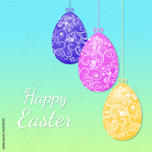 Vector illustration. Easter colorful eggs on strings with bows, decorated with floral pattern. Design for the festive banners, business cards, invitations.