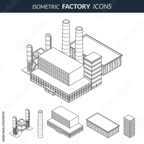 Vector illustration. Vector icon and elements of industrial factory. Office building, production shop, pipe, silo. Isometric, 3D. Contour, outline