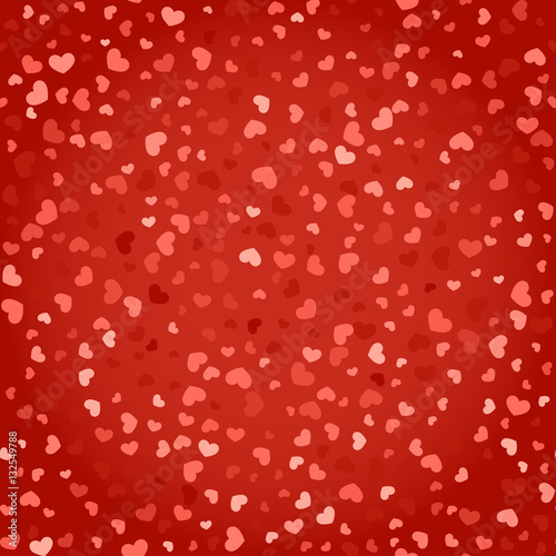 Vector illustration. Seamless pattern  red hearts randomly on a red background. Backdrop for design of cards  invitations for Valentines day  wedding.