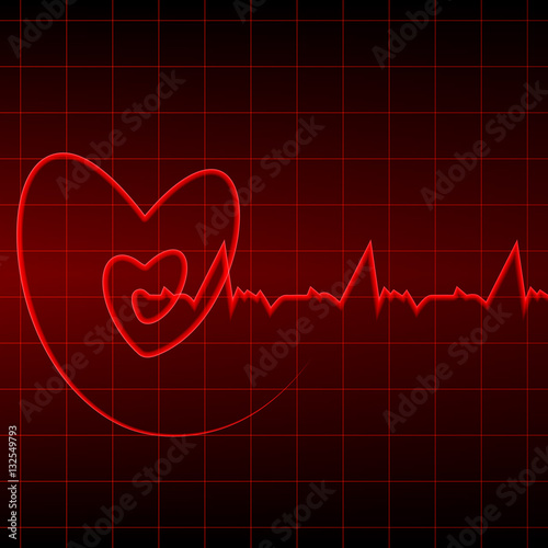 Vector illustration. Cardiogram with red heart outlines on a black background. Design for business card, banner, brochure, medical clinics.