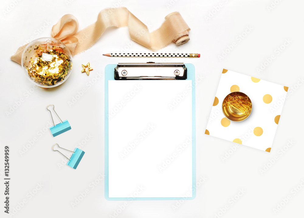 Mockup planner flat lay. Accessory on the table. View top. White background, still life. Events and party desktop. Feminine scene. Mockup planner flat lay. Accessory on the table. View top. White background, still life. Events and party desktop. Feminine scene.
