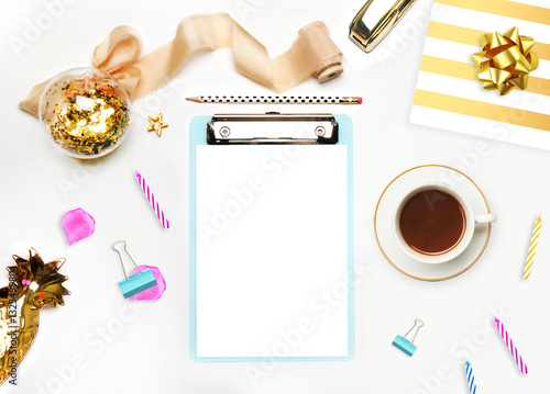 Mockup planner flat lay. Accessory on the table. View top. White background  still life. Events and party desktop. Feminine scene.