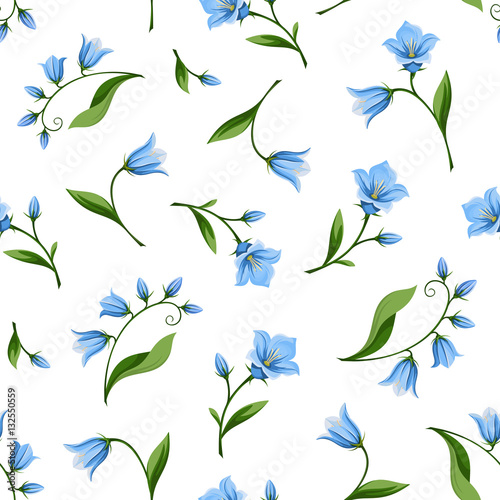 Vector seamless pattern with blue bluebell flowers isolated on a white background.
