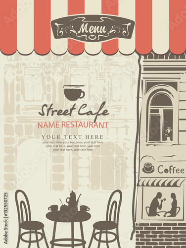 outdoor cafe menu with the old town with a table and cups