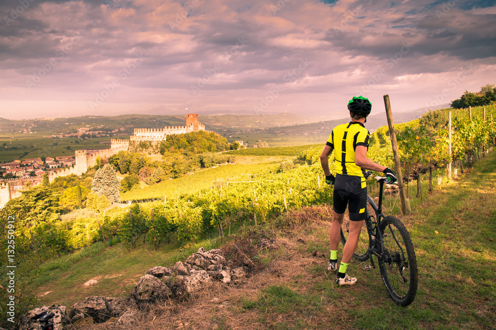 Fototapeta premium Cyclist admires the Soave castle views.
