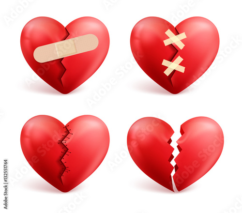 Broken hearts vector set of 3d realistic icons and symbols in red color with wound, patches, stitches and bandages isolated in white background. Vector illustration.
 photo