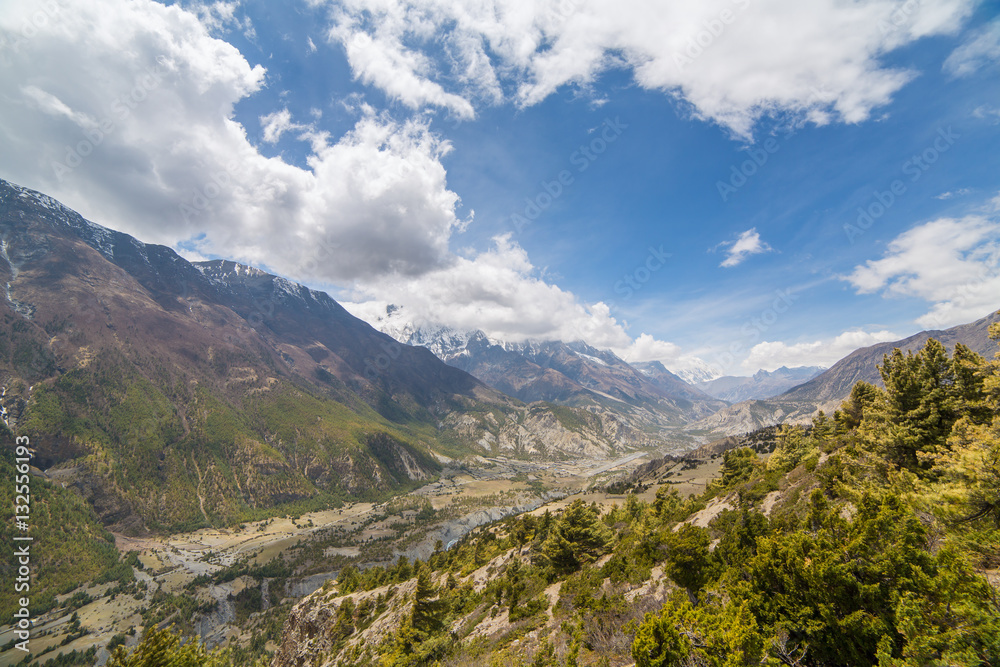 Beautiful mountain landscape on Annapurna circuit trek in Himalayas, Nepal