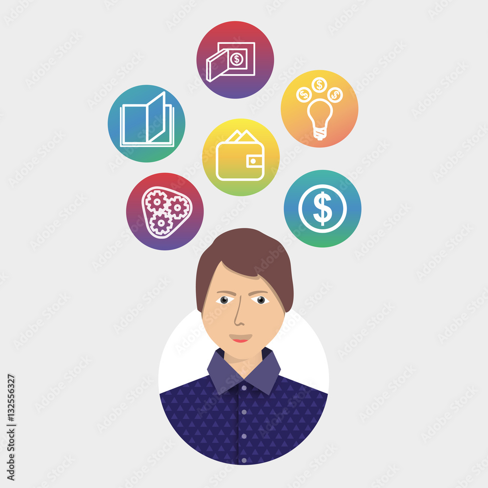 Businessman with colored icons, finance concept Businessman with colored icons, finance concept
