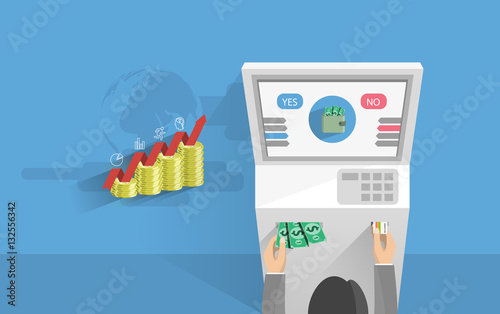 Man withdraws money from the terminal flat style web banner