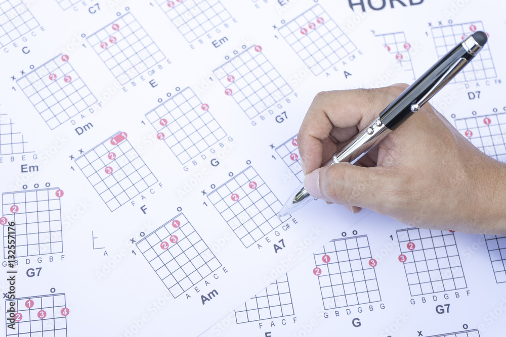 Fototapeta premium guitar lesson man write chords guitar chart