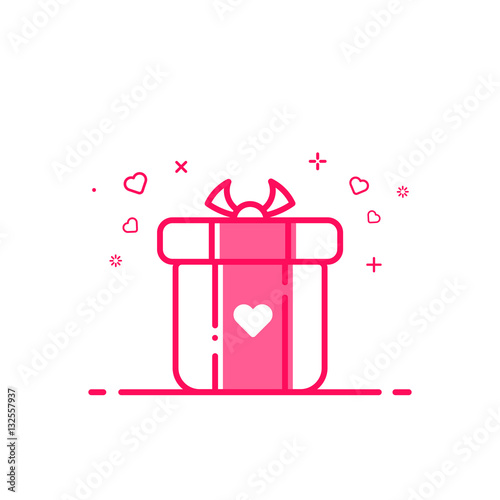 Vector illustration of icon valentines day shopping concept advertising and promotion in flat bold line style. Graphic design pink gift or bounty box with heart symbol . Outline object e-commerce.