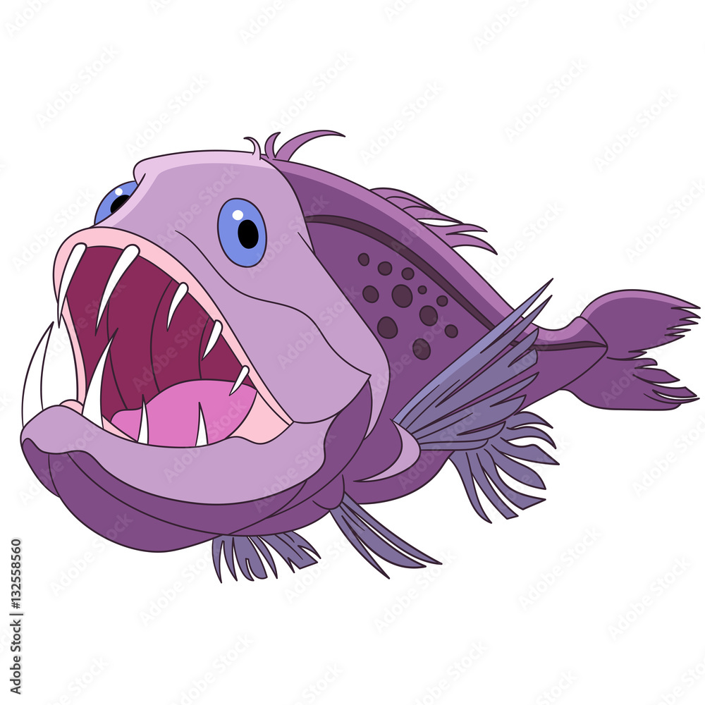 Cartoon angler fish, isolated on white background. Childish vector  illustration and colorful book page for kids. Stock Vector