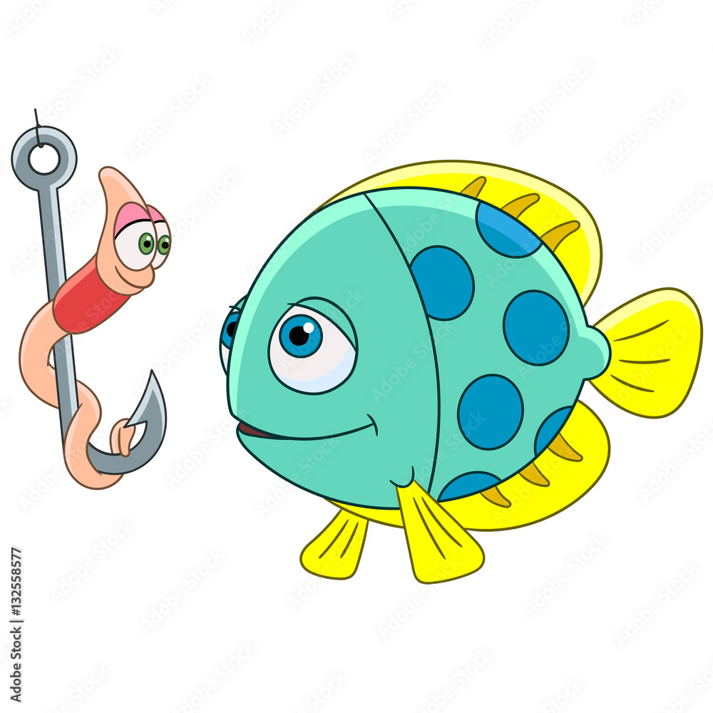 Cartoon fish and worm on a fishing hook, isolated on white background.  Childish vector illustration and colorful book page for kids. Stock Vector