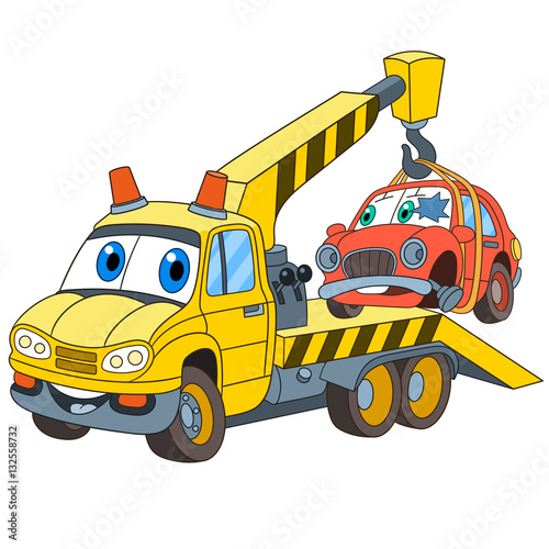 Cartoon vehicle transport. Tow truck (evacuator) with a broken car, isolated on white background. Childish vector illustration and colorful book page for kids.