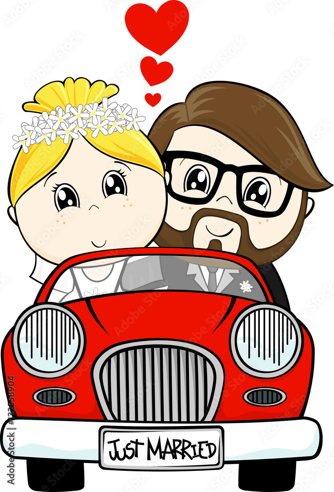 funny illustration of just married bride and groom driving a red car ...