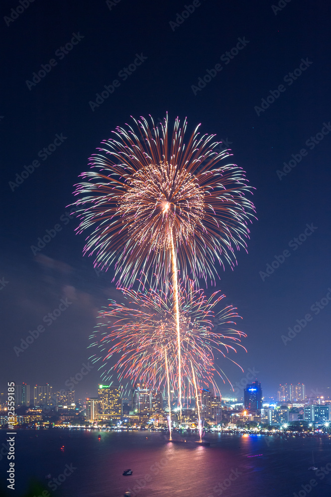 Fireworks over sea at Pattaya city, Thailand Fireworks over sea at Pattaya city, Thailand