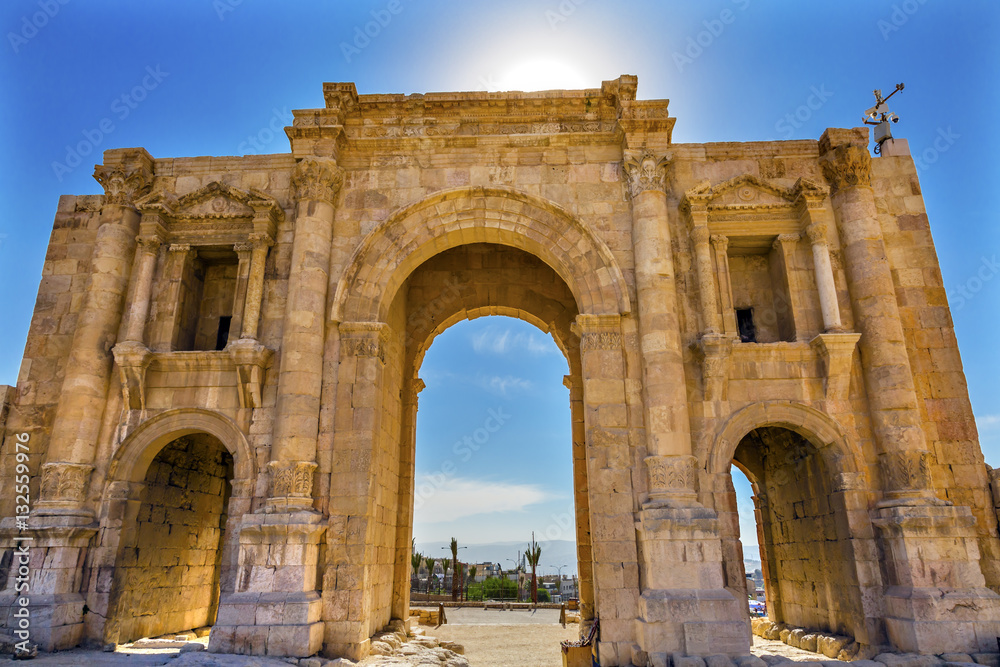 Hadrian's Arch Gate Sun Ancient Roman City Jerash Jordan