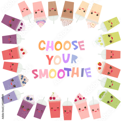 Round frame for your text. Choose your smoothies blueberry kiwi cranberries . card design Takeout smoothie transparent plastic cup with straw and whipped cream. Isolated on white background. Vector