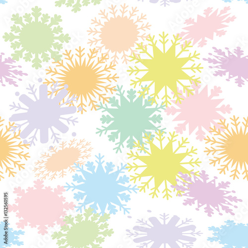 Christmas design seamless pattern, snowflake set blue mint orange pink lilac on white background. Vector