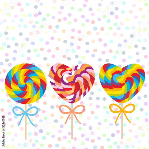 Valentine's Day Heart shaped colorful Set candy lollipops with bow, spiral candy cane. Candy on stick with twisted design on white abstract geometric retro polka dot background. Vector