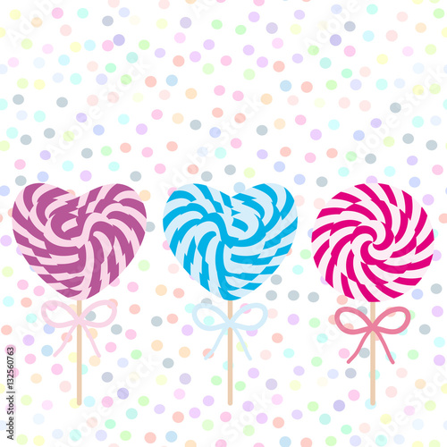 Valentine's Day Heart shaped Set candy lollipops with bow, spiral candy cane. Candy on stick with twisted design on white abstract geometric retro polka dot background. Vector