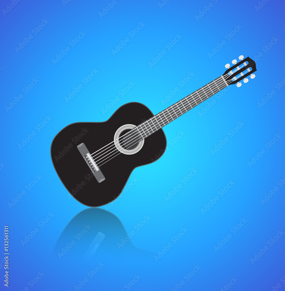 Acoustig black guitar, isolated musical instrument with reflection on a blue background. Vector illustration