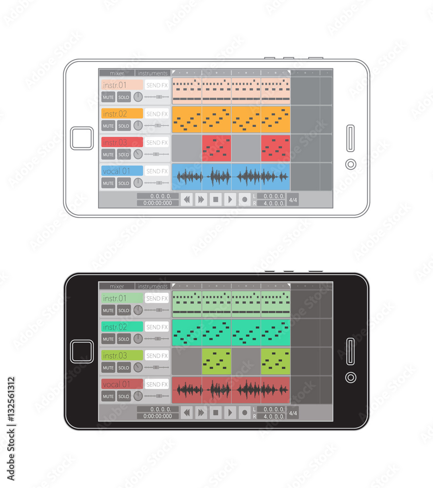 Digital audio workstation (DAW) in smartphone, flat design.  Stock-Vektorgrafik | Adobe Stock