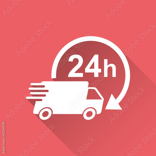 Delivery truck 24h vector illustration. 24 hours fast delivery service shipping icon. Simple flat pictogram for business, marketing or mobile app internet concept on red background with long shadow.