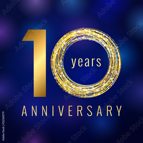 Anniversary 10 years number golden vector logo. Birthday greeting card with shining holiday icon on the blue abstract background. Business success stock sign. Celebration event symbol.